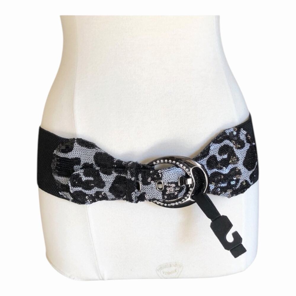 Black Silver Sequin Leopard Stretch Belt Statement Glam Party Festival Festival